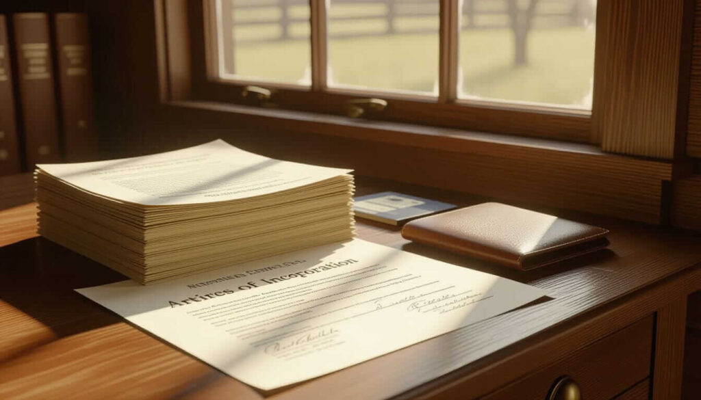 A stack of official documents, including Articles of Incorporation, rests on a wooden desk beside a leather wallet, with sunlight streaming through a window.