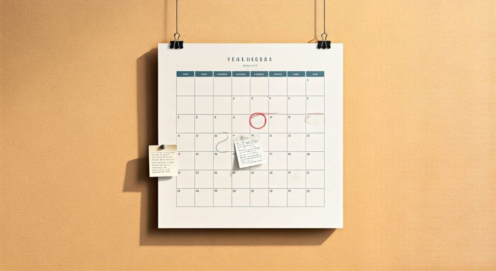 A wall calendar with dates circled and notes pinned, illustrating planning or deadline tracking.