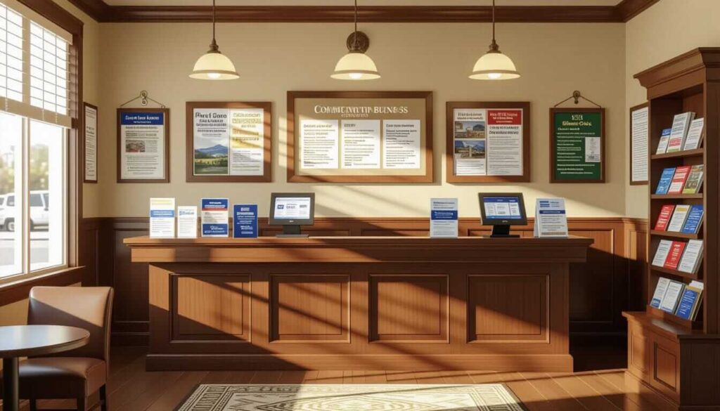 A community business center reception desk with informational posters, brochures, and two touchscreen kiosks, bathed in warm afternoon light.