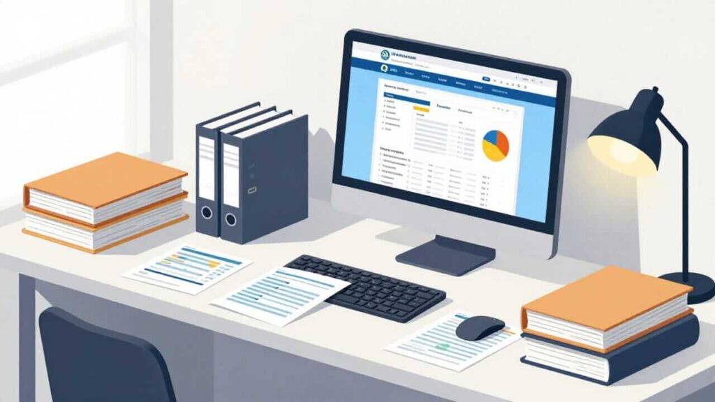 Minimalist desk with computer showing data dashboard, orange books, black binders, printed charts, keyboard, mouse, and lit desk lamp.