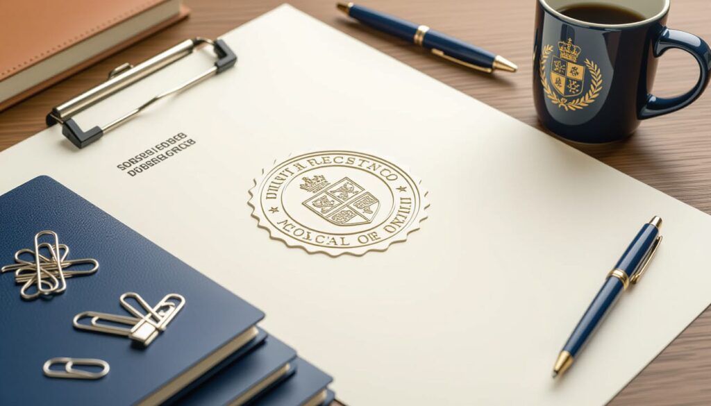 A professional desk setup with a document bearing an official seal, a navy mug with a crest, blue notebooks, pens, and paper clips, suggesting formal government or legal work.