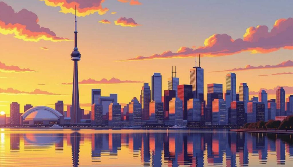 A vibrant, stylized illustration of Toronto’s skyline at sunset, showcasing the CN Tower and city buildings mirrored in water, bathed in golden and orange tones.