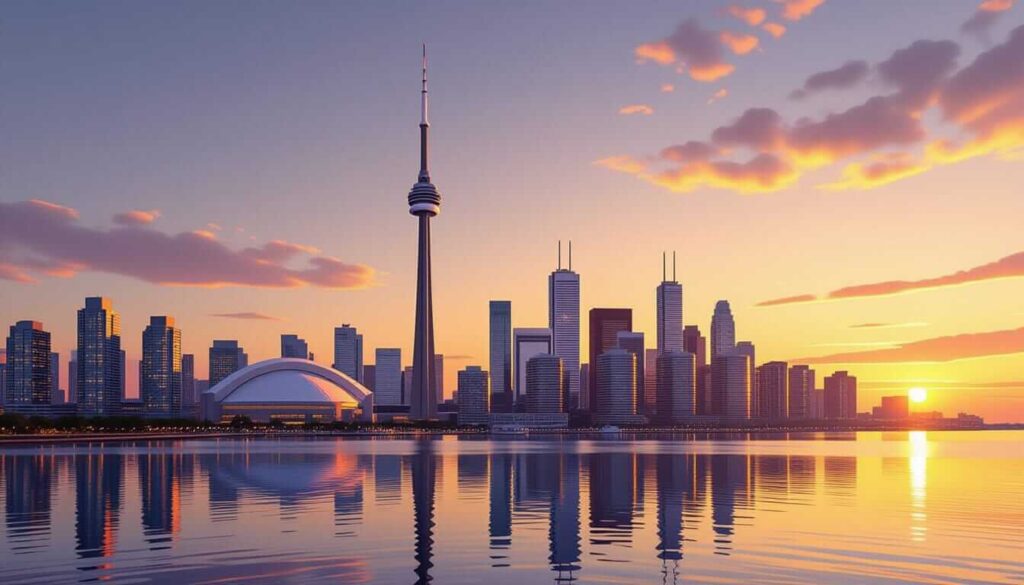 A stunning sunset view of Toronto's skyline, featuring the iconic CN Tower and modern skyscrapers reflected in calm waters, with warm hues of orange and pink lighting the sky.