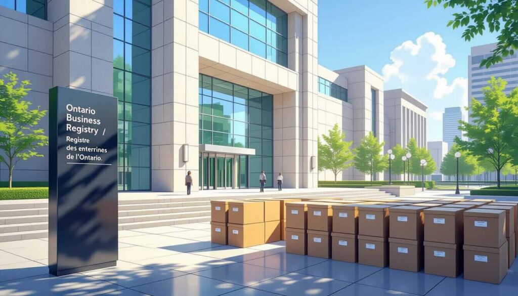 An illustrated view of the Ontario Business Registry building with boxes and people, representing business operations or registration.