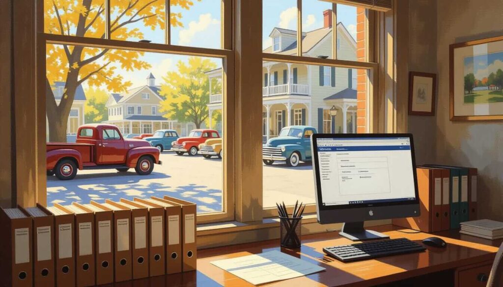 An office desk with binders and a computer displaying a form, overlooking a sunny street with vintage trucks and classic houses.