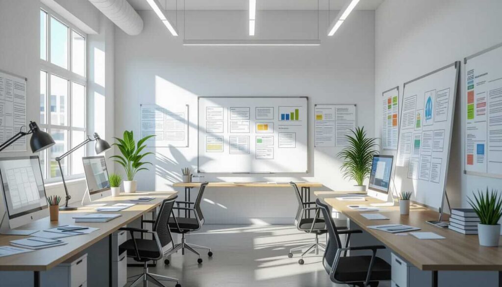 Bright open-plan office with wooden desks, black chairs, whiteboards filled with documents/charts, potted plants, and sunlit windows.